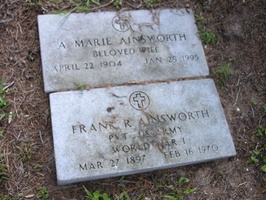 A. Mary Ainsworth, April 22, 1904 - Jan. 28, 1995. Frank R. Ainsworth, Pvt., U.S. Army, WWI. Mar. 27, 1897 - Feb. 16, 1970.