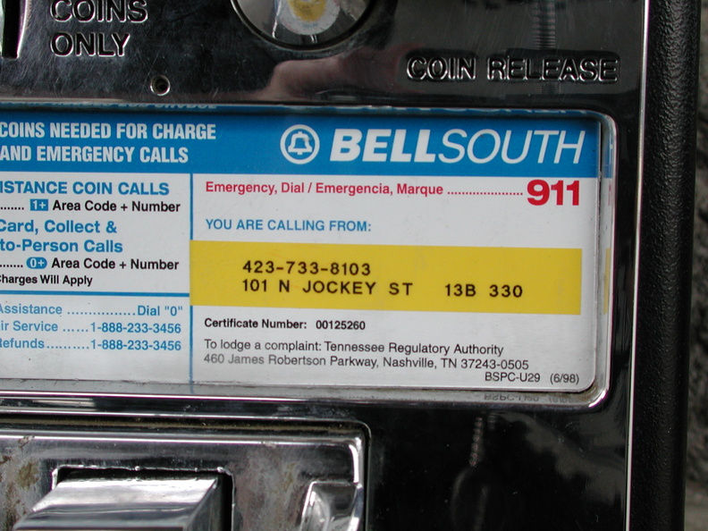 A Bell South Payphone at 101 North Jockey Street. (423) 733-8103.