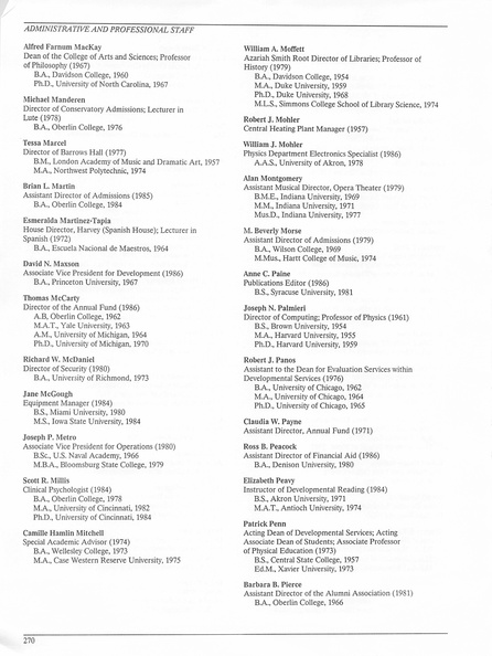 Oberlin College Course Catalog 1987 273