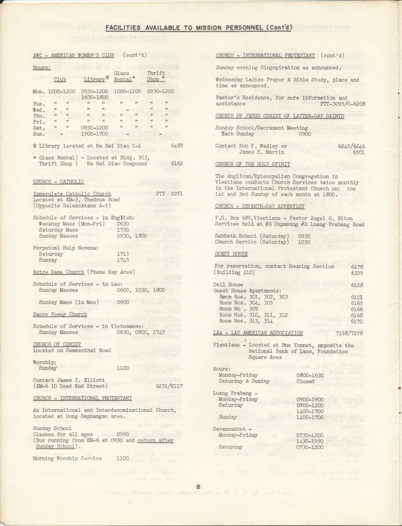 Mission to Laos Telephone Directory March 1974