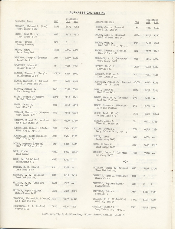 Mission to Laos Telephone Directory March 1974