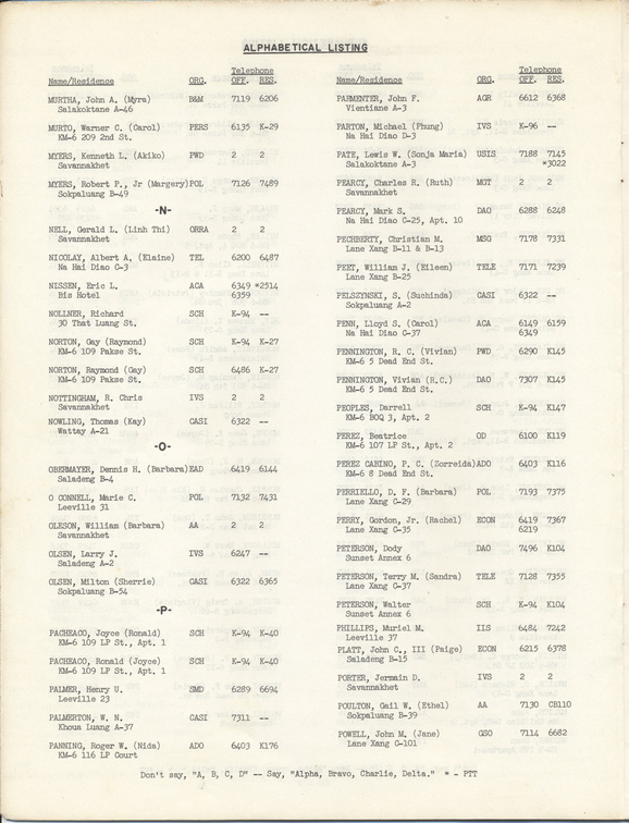 Mission to Laos Telephone Directory March 1974