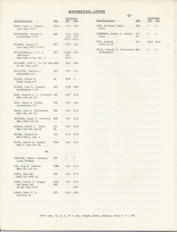 Mission to Laos Telephone Directory March 1974