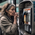 Derelict-unsheltered-woman-talking-on-a-New-York-City-payphone-branded-PAYPHONE,-outside-Port-Authority-Bus-Terminal,-roaches-crawling-on-her-hands,-4k-photo-quality