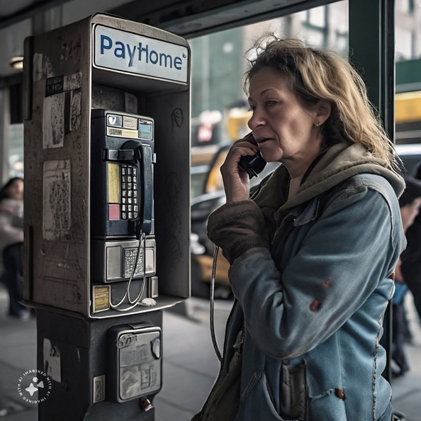 Derelict-unsheltered-woman-talking-on-a-New-York-City-payphone-branded-PAYPHONE,-outside-Port-Authority-Bus-Terminal,-roaches-crawling-on-her-hands,-4k-photo-quality (3)