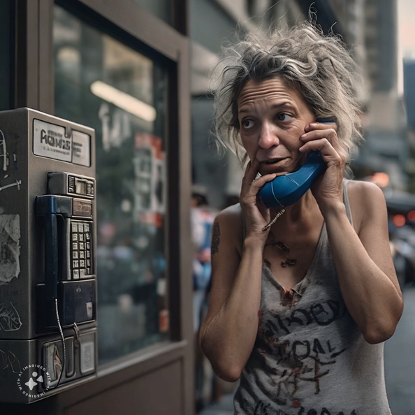 Derelict-unsheltered-woman-talking-on-a-New-York-City-payphone-branded-WSBJ.com,-outside-the-New-York-Times-Building-in-Manhattan,-roaches-crawling-on-her-hands,-4k-photo-quality