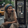 Derelict-unsheltered-woman-talking-on-a-New-York-City-payphone-branded-WSBJ.com,-outside-the-New-York-Times-Building-in-Manhattan,-roaches-crawling-on-her-hands,-4k-photo-quality (3)