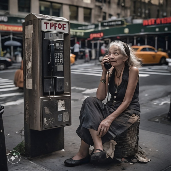 Derelict-unsheltered-woman-talking-on-a-New-York-City-payphone-branded-WSBJ.com,-outside-the-New-York-Times-Building-in-Manhattan,-roaches-crawling-on-her-hands,-4k-photo-quality (4)