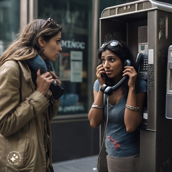 Derelict-unsheltered-woman-talking-on-a-New-York-City-payphone-branded-WSBJ.com,-outside-the-New-York-Times-Building-in-Manhattan,-roaches-crawling-on-her-hands,-4k-photo-quality (5)