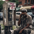 Derelict-unsheltered-man-talking-on-a-New-York-City-payphone-branded-WSBJ.com,-on-the-Grand-Concourse-in-the-Bronx,-4k-photo-quality