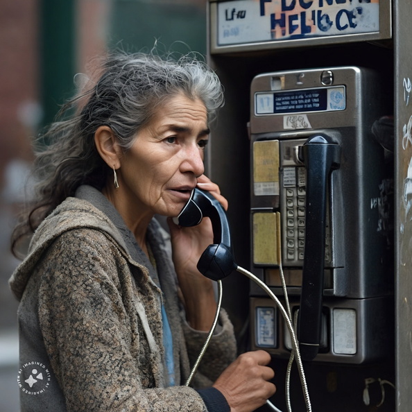 Derelict-unsheltered-woman-talking-on-a-New-York-City-payphone-branded-WSBJ.com,-on-the-Grand-Concourse-in-the-Bronx,-4k-photo-quality