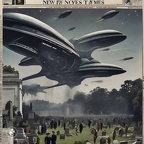 front-page-New-York-Times,-1920s,-with-several-stories-about-three-space-ships-from-the-31st-century-dropping-screaming-human-infants-and-alien-creatures-onto-cemetery-grounds-while-funeral-services-are-in-progress.-multiple-