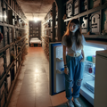 DALL·E 2023-12-18 16.52.04 - A teenage girl, with long brown hair and wearing casual clothes, is standing inside a dimly lit community mausoleum. The atmosphere is eerie yet seren