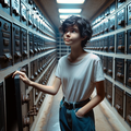 DALL·E 2023-12-18 16.54.34 - A teenage girl with short, curly black hair and a curious expression is standing inside a spacious community mausoleum. The mausoleum is dimly lit, wi