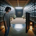 DALL·E 2023-12-18 16.54.46 - A teenage girl with short, curly black hair and a curious expression is standing inside a spacious community mausoleum. The mausoleum is dimly lit, wi