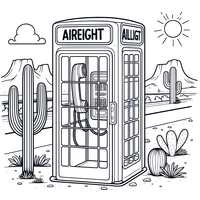 DALL·E 2023-12-18 16.58.26 - A coloring book page featuring a classic American style airlight phone booth on a desert highway. The scene includes a simple desert landscape with a 