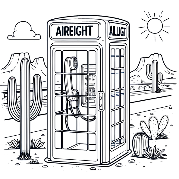 DALL·E 2023-12-18 16.58.26 - A coloring book page featuring a classic American style airlight phone booth on a desert highway. The scene includes a simple desert landscape with a .png