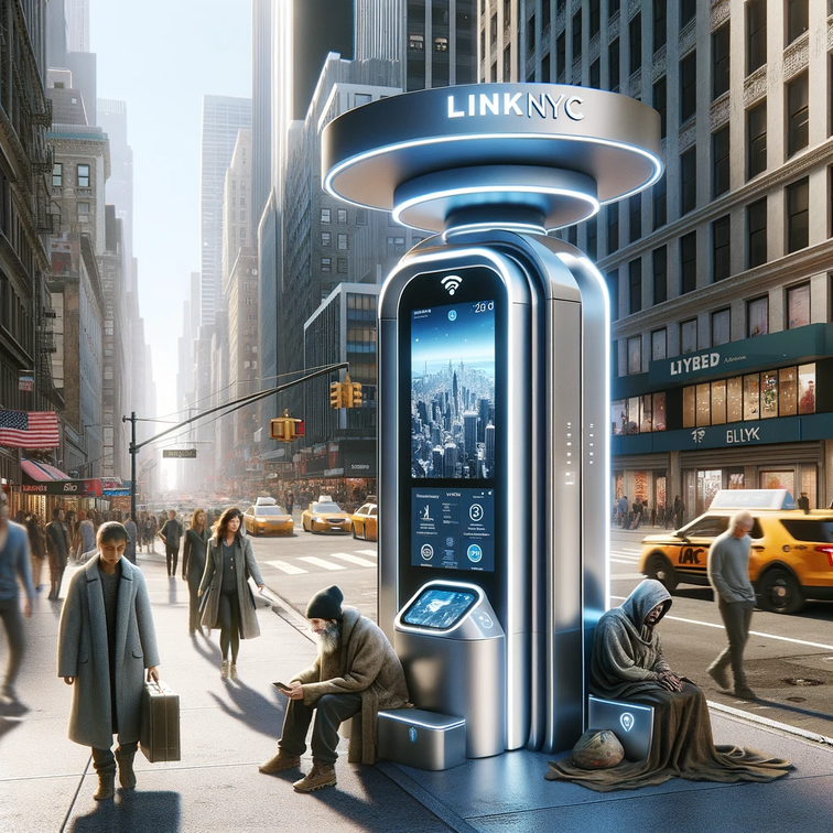 DALL·E 2023-12-18 17.10.42 - A modern urban scene on a bustling 5th Avenue, featuring a prominent LinkNYC Smart City kiosk, a sleek, futuristic structure with digital screens and 