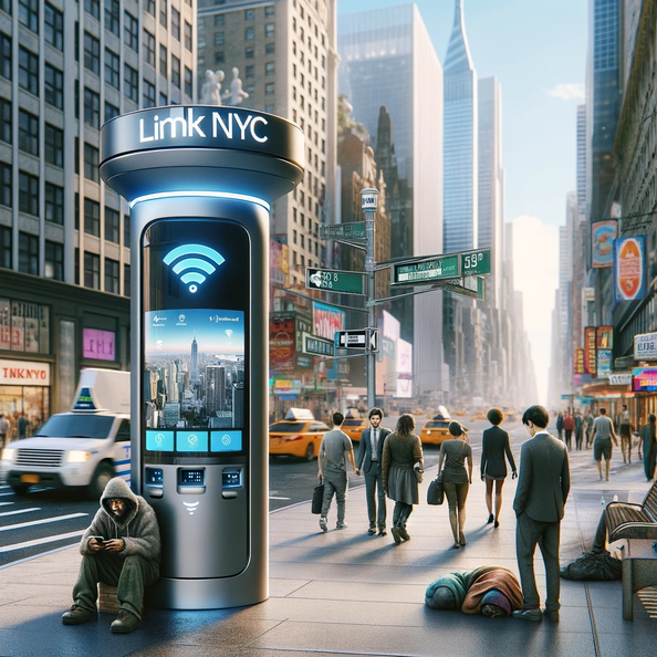 DALL·E 2023-12-18 17.10.56 - A modern urban scene on a bustling 5th Avenue, featuring a prominent LinkNYC Smart City kiosk, a sleek, futuristic structure with digital screens and 