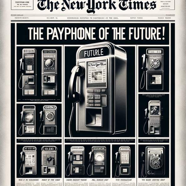 DALL·E 2023-12-18 17.25.15 - A 1920s-style front page of the New York Times newspaper, designed in black and white to capture the era's aesthetic. The headline reads, 'The Payphon