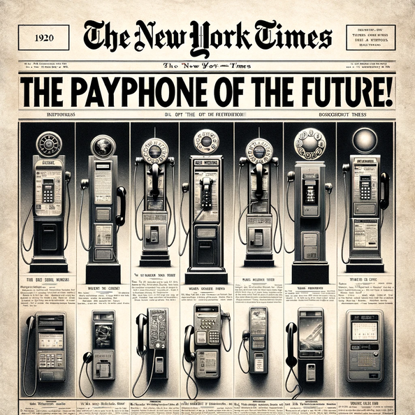 DALL·E 2023-12-18 17.25.25 - A 1920s-style front page of the New York Times newspaper, designed in black and white to capture the era's aesthetic. The headline reads, 'The Payphon