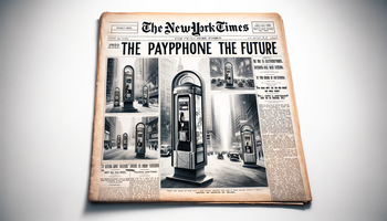 DALL·E 2023-12-18 17.36.34 - A 1920s style front page of the New York Times newspaper featuring articles and several photos predicting the payphone of the future. The newspaper sh