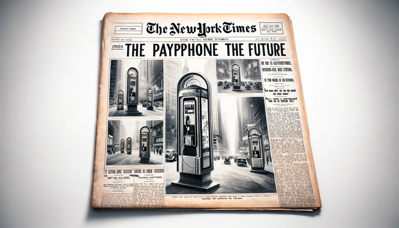 DALL·E 2023-12-18 17.36.34 - A 1920s style front page of the New York Times newspaper featuring articles and several photos predicting the payphone of the future. The newspaper sh