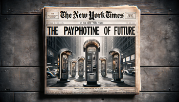 DALL·E 2023-12-18 17.36.48 - A 1920s style front page of the New York Times newspaper featuring articles and several photos predicting the payphone of the future. The newspaper sh