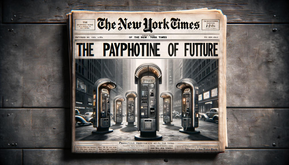 DALL·E 2023-12-18 17.36.48 - A 1920s style front page of the New York Times newspaper featuring articles and several photos predicting the payphone of the future. The newspaper sh