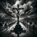 DALL·E 2023-12-20 19.13.54 - A dramatic and evocative scene of a crucifix at Calvary Cemetery in Queens, New York City. The crucifix prominently features Christ, depicted with sol