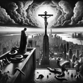 DALL·E 2023-12-20 19.24.12 - A black and white image in the style of 1920s photojournalism, depicting a symbolic scene at the top of 432 Park in New York City. The scene includes 