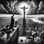 DALL·E 2023-12-20 19.24.12 - A black and white image in the style of 1920s photojournalism, depicting a symbolic scene at the top of 432 Park in New York City. The scene includes 