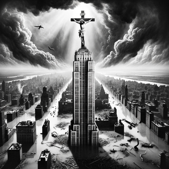 DALL·E 2023-12-20 19.25.01 - A black and white 1920s photojournalism-style image depicting a dramatic and surreal scene  Christ being crucified atop 432 Park Avenue, a notable sky