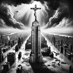 DALL·E 2023-12-20 19.25.01 - A black and white 1920s photojournalism-style image depicting a dramatic and surreal scene  Christ being crucified atop 432 Park Avenue, a notable sky