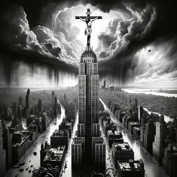 DALL·E 2023-12-20 19.25.09 - A black and white 1920s photojournalism-style image depicting a dramatic and surreal scene  Christ being crucified atop 432 Park Avenue, a notable sky