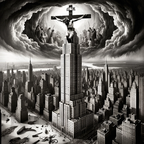 DALL·E 2023-12-20 19.29.03 - A 1920s photojournalism style black and white image depicting a symbolic and surreal scene of Christ being crucified at the top of 432 Park, a skyscra