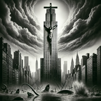 DALL·E 2023-12-20 19.34.27 - A 1920s photojournalism style black and white image depicting a surreal scene of Christ being crucified at the top of a modern skyscraper, resembling 