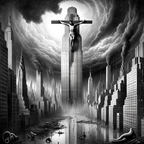 DALL·E 2023-12-20 19.34.34 - A 1920s photojournalism style black and white image depicting a surreal scene of Christ being crucified at the top of a modern skyscraper, resembling 