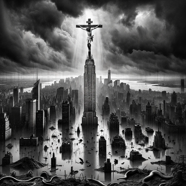 DALL·E 2023-12-20 19.42.37 - A black and white image in the style of 1920s photojournalism depicting a dramatic and surreal scene. At the top of 432 Park Avenue, a modern skyscrap