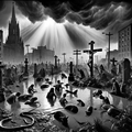 DALL·E 2023-12-20 19.49.37 - A 1940s Frank Capra-style ultra-quality photojournalism genre image, depicting a deeply symbolic and dramatic scene. The setting is Old Calvary Cemete