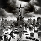 DALL·E 2023-12-20 19.55.38 - A 1940s Frank Capra-style ultra-quality photojournalism genre image showcasing a highly dramatic and surreal scene at Old Calvary Cemetery in New York