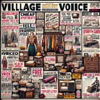 DALL·E 2023-12-21 18.46.50 - An image replicating a 1980s Village Voice classified advertising page, filled with various advertisements. The page features ads for cheap apartments