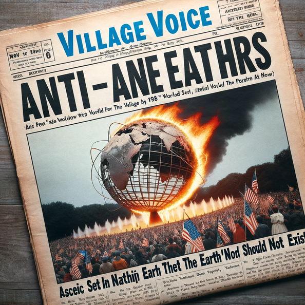 DALL·E 2023-12-21 18.53.34 - A vintage-style front page of the Village Voice newspaper from the 1980s, featuring a headline about a protest rally hosted by 'anti-earthers,' an asc