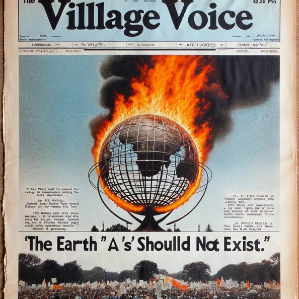 DALL·E 2023-12-21 18.53.41 - A vintage-style front page of the Village Voice newspaper from the 1980s, featuring a headline about a protest rally hosted by 'anti-earthers,' an asc