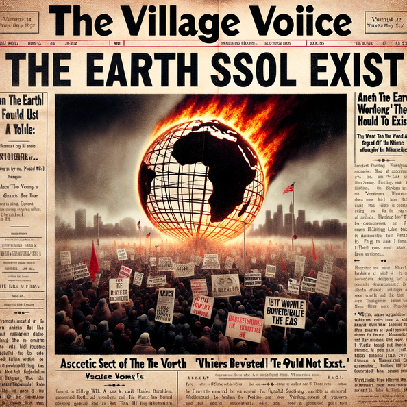 DALL·E 2023-12-21 18.54.36 - An image designed to resemble the front page of the Village Voice newspaper from the 1980s, featuring a dramatic and fictional event. The headline cov