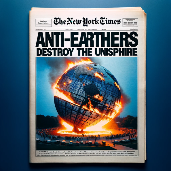 DALL·E 2023-12-21 19.07.12 - A front page design of The New York Times from the 1980s, featuring a dramatic and fictional headline   ANTI-EARTHERS DESTROY THE UNISPHERE.  The page