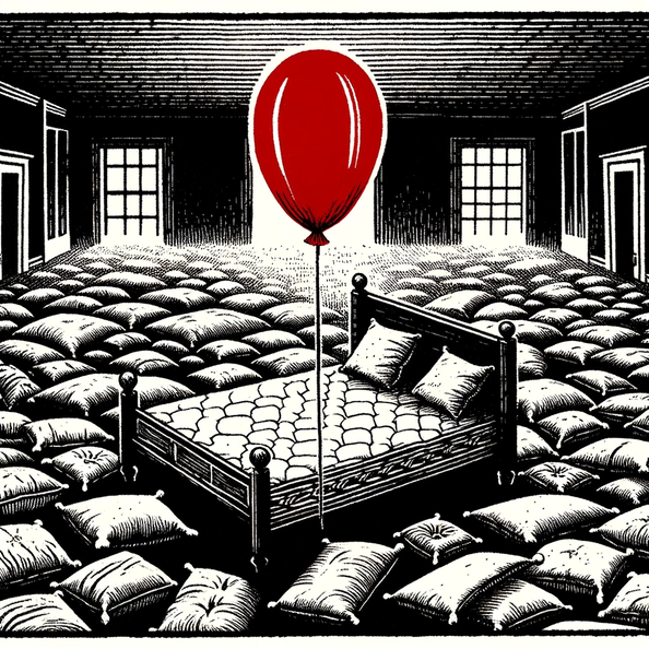 DALL·E 2023-12-23 09.30.15 - Continuing with the nightmarish scene in a 1920s linocut style, the illustration now features a much larger room. In the center, there's a king-sized 