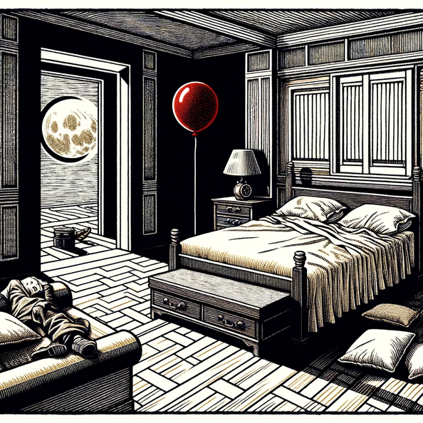 DALL·E 2023-12-23 09.30.36 - Refining the nightmarish 1920s linocut style scene, the illustration now shows a more appropriately furnished room. The king-sized mattress is on the 