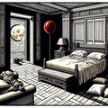 DALL·E 2023-12-23 09.30.57 - Refining the nightmarish 1920s linocut style scene, the illustration now shows a more appropriately furnished room. The king-sized mattress is on the 