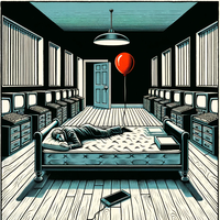 DALL·E 2023-12-23 09.35.47 - In a continuation of the 1920s linocut style scene with a modern twist, the illustration now includes a king-sized mattress lined on one side with 198